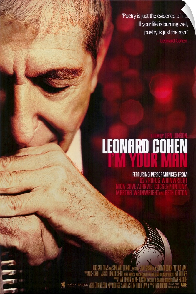 Poster for the movie titled "Leonard Cohen I'm Your Man". It shows a man with both his hands folded in front of his mouth ...