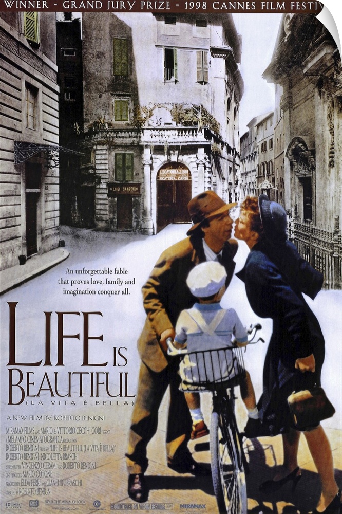 Vertical, oversized movie advertisement for the Italian film, Life is Beautiful.  A man and woman lean in for a kiss over ...