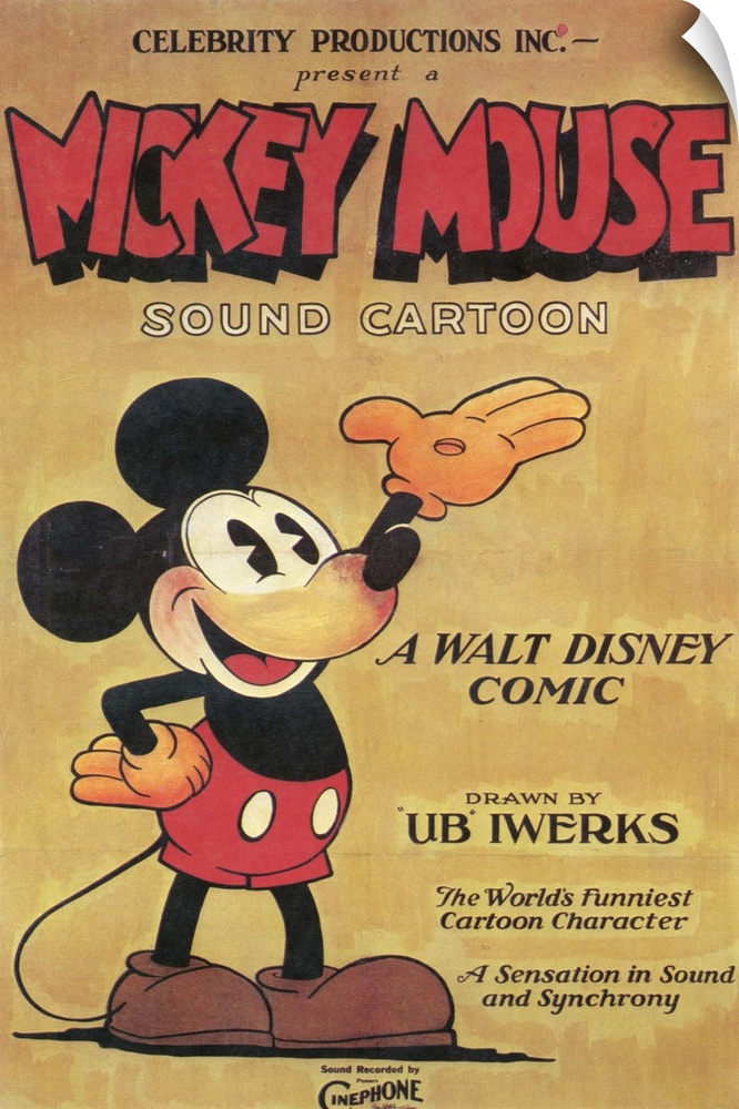 Portrait, large vintage advertisement for a Mickey Mouse sound cartoon from 1930.  Mickey Mouse stands with one hand on hi...