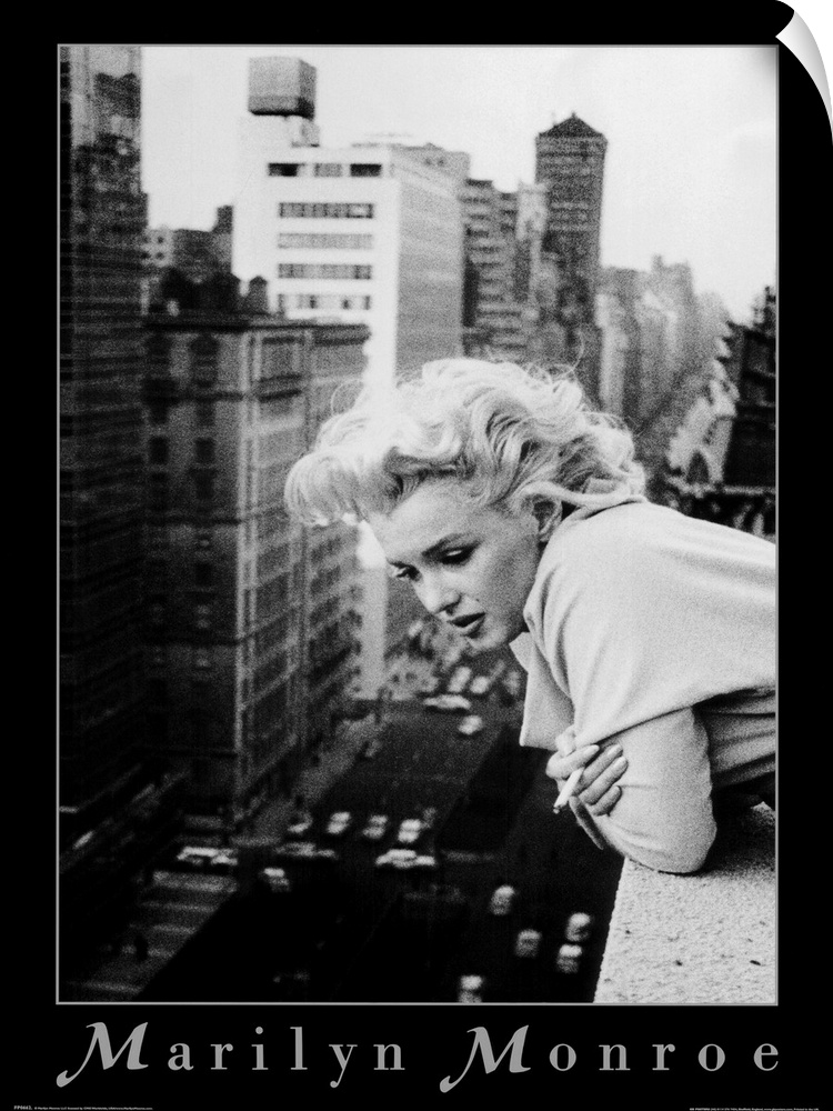 Vintage poster of American actress, model, and singer Norma Jeane Mortenson looking over the ledge of tall building to the...