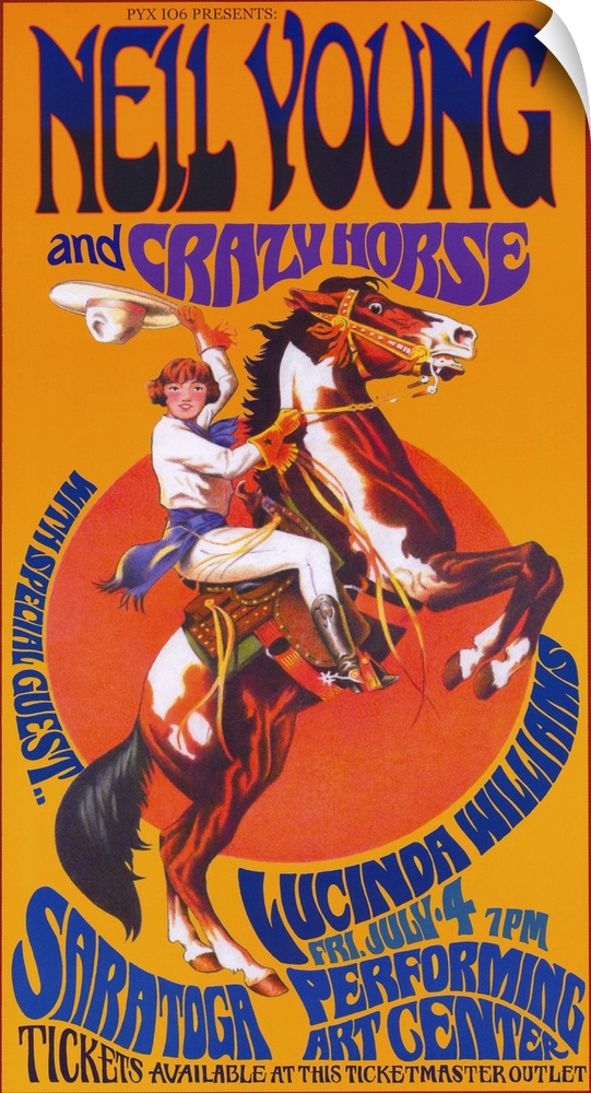 Movie poster for "Neil Young and Crazy Horse" with a horse standing on its back legs as a cowboy rides and waves their cow...