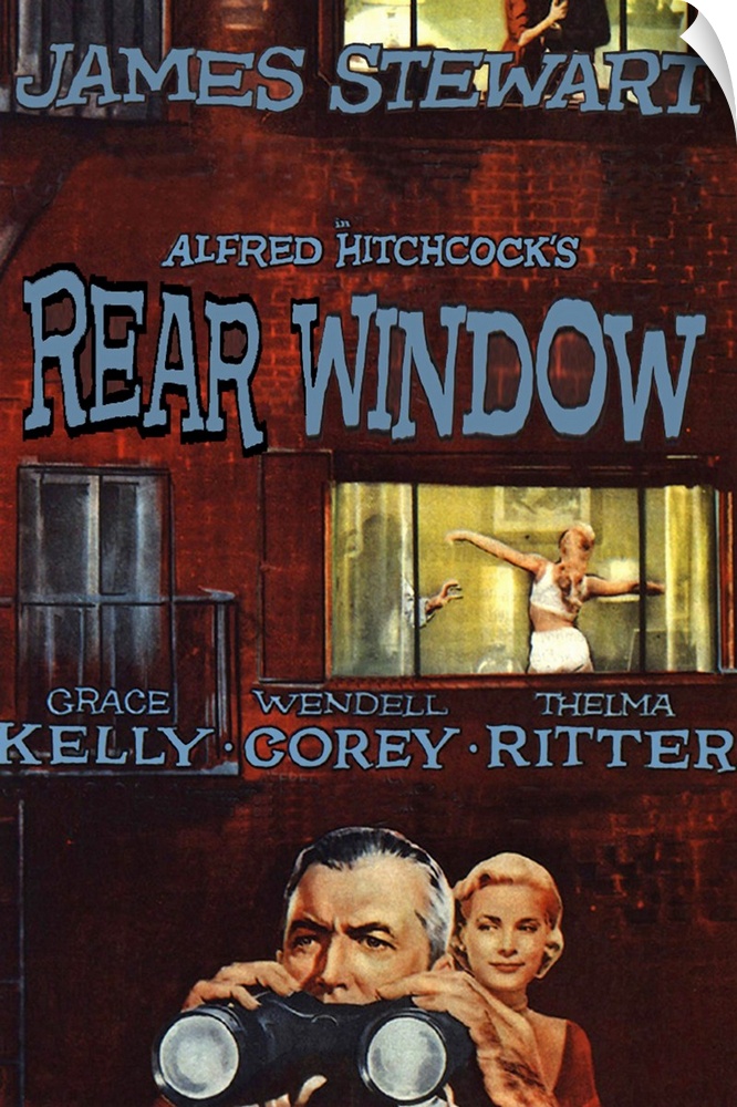 Classic movie poster for Alfred Hitchcock's "Rear Window". It shows the main character with his binoculars and his girlfri...