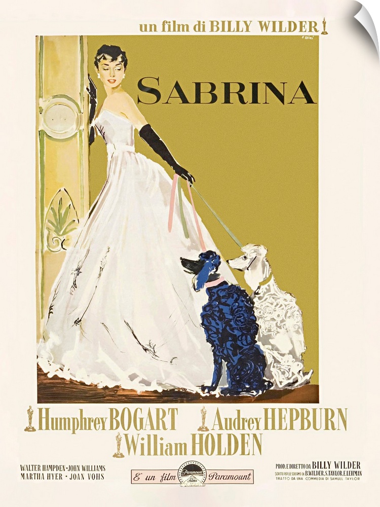 Movie poster of the classic tale "Sabrina". It shows her in a white ball gown holding her two poodles on a leash.