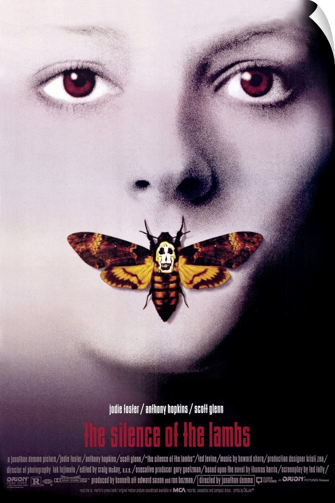Vertical, oversized movie advertisement for the 1990 film, The Silence of the Lambs, starring Jodie Foster and Anthony Hop...