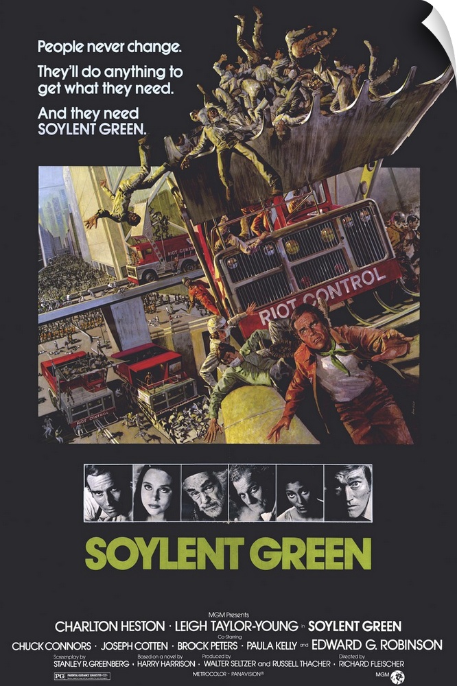 In the 21st Century, hard-boiled police detective Heston investigates a murder and discovers what soylent green--the peopl...