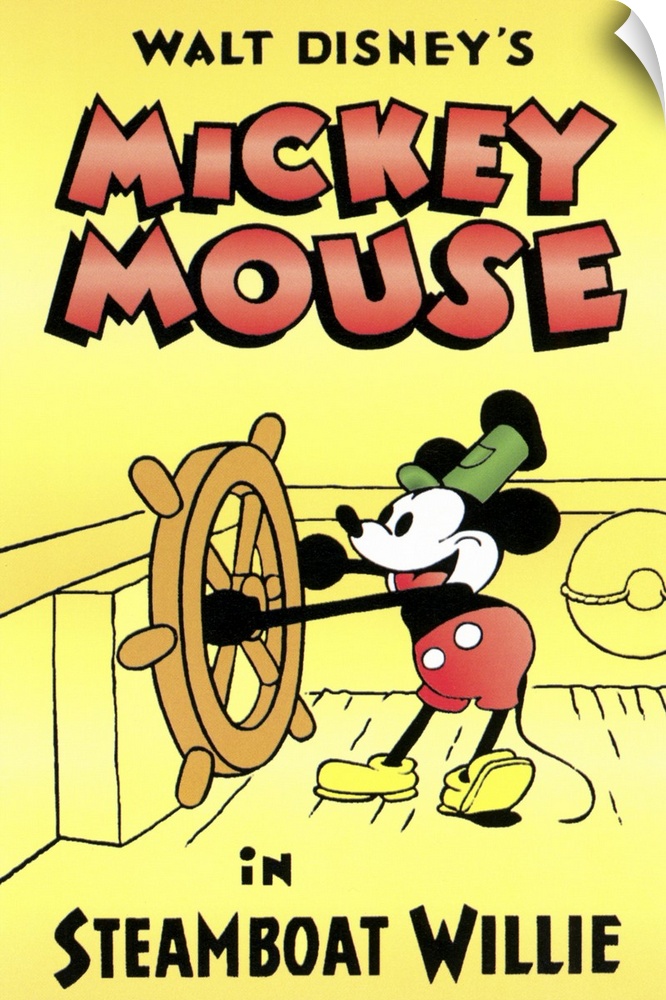 Vintage poster of the classic Mickey Mouse cartoon Steamboat Willie in full color.