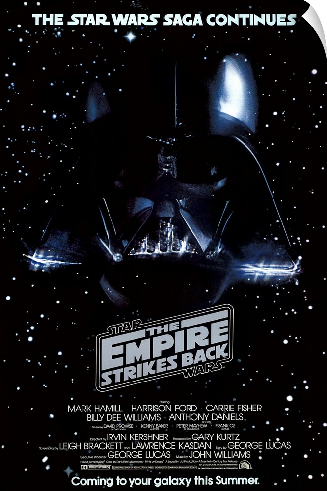 Giant, vertical movie image on canvas for The Empire Strikes Back, with Darth Vader's head on a galactic background, the m...