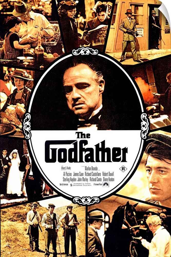 Movie poster for "The Godfather" that has Marlon Brando in the center of the poster with a collage of stills from the movi...