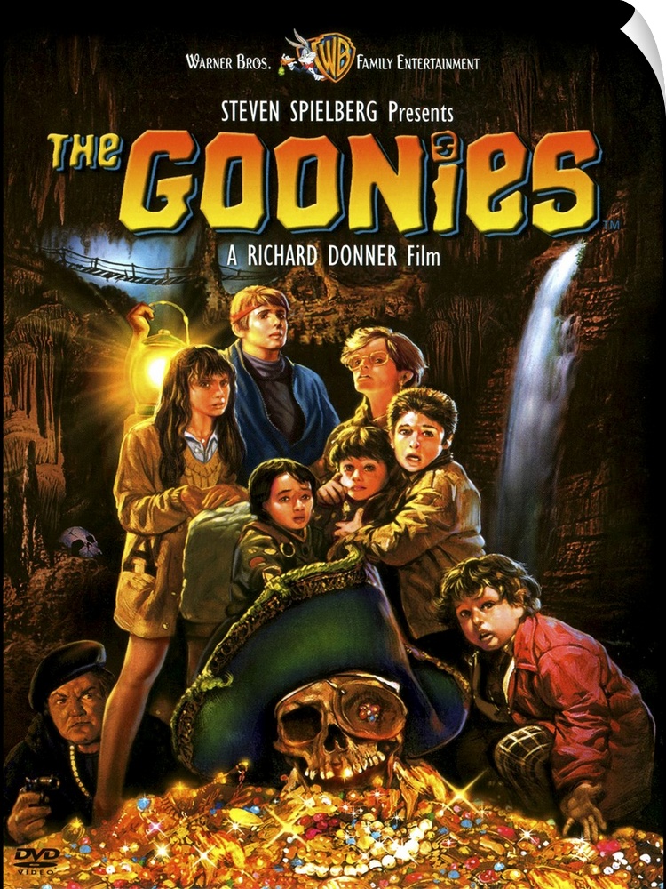 Movie poster for the 1980s movie Goonies with a drawing of all the child characters standing with their pile of treasure.
