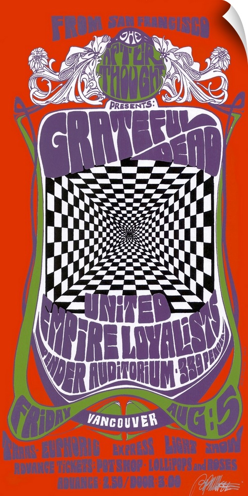 Old poster advertising a concert from August 5, 1980.  It is brightly colored with a checkerboard design in the center wit...