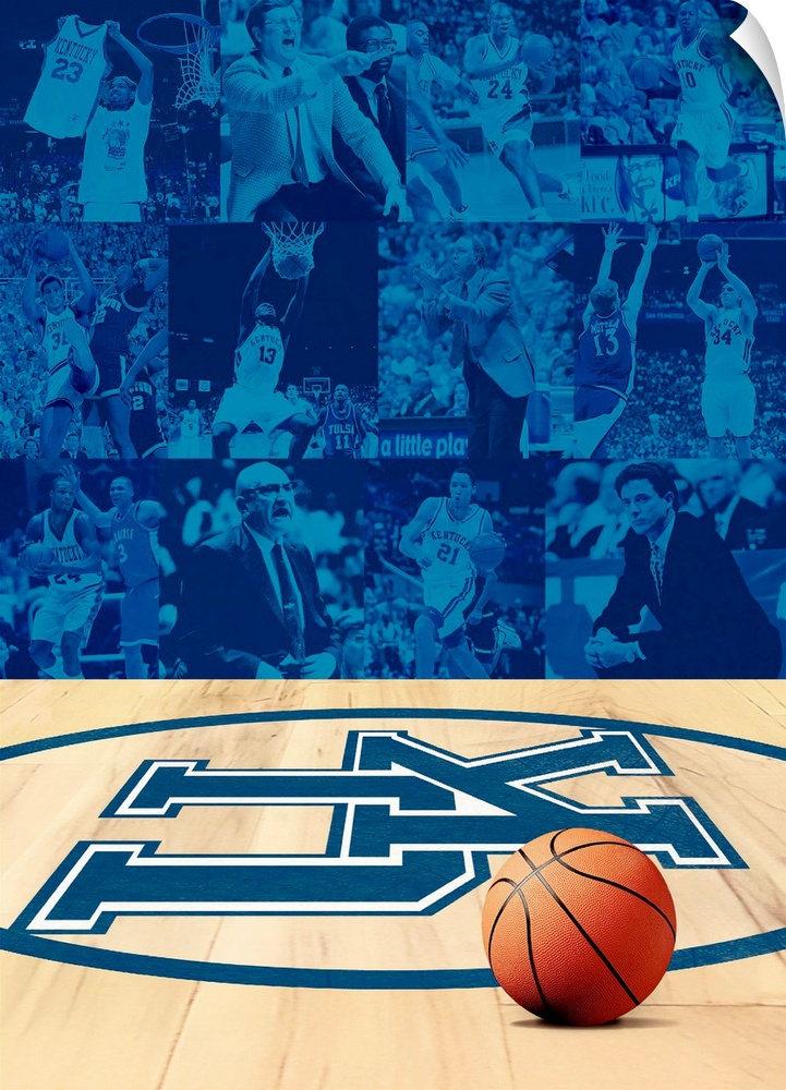 Portrait, large wall picture of collaged images displaying great moments in University of Kentucky basketball history.  Be...