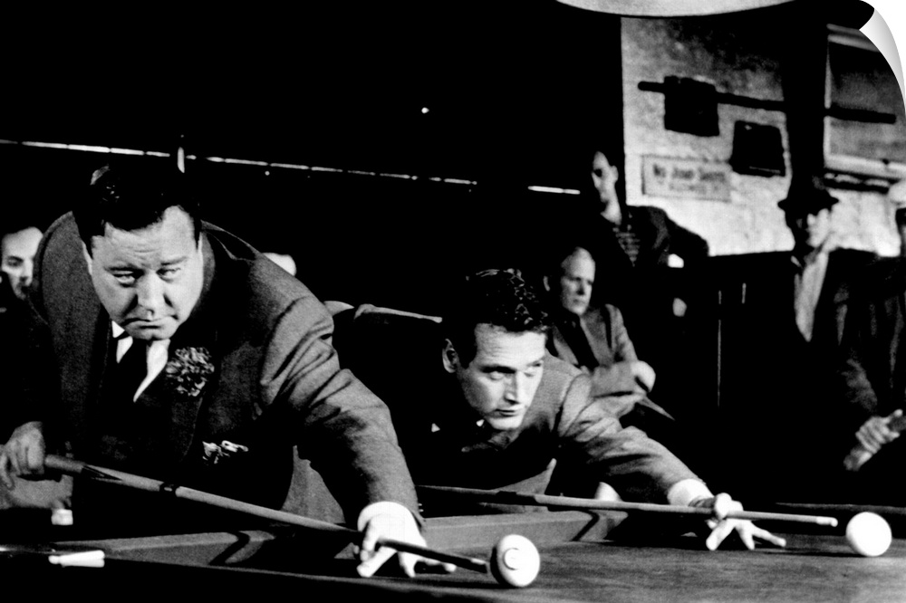 This is a still shot taken from the movie "The Hustler" of two men playing pool and both about to hit their pool balls on ...