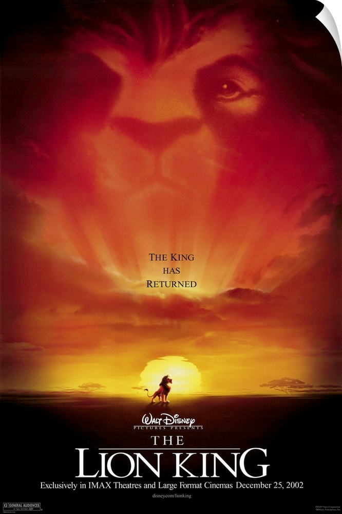 Movie poster for the 2002 Disney animated movie The Lion King with Simba high on a rock overlooking his kingdom.