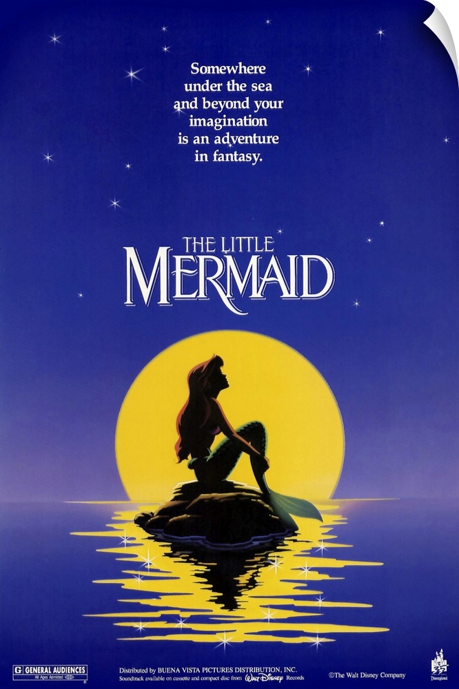 Poster for the classic Disney movie "The Little Mermaid". Ariel sits on a rock in the ocean in front of a full moon.