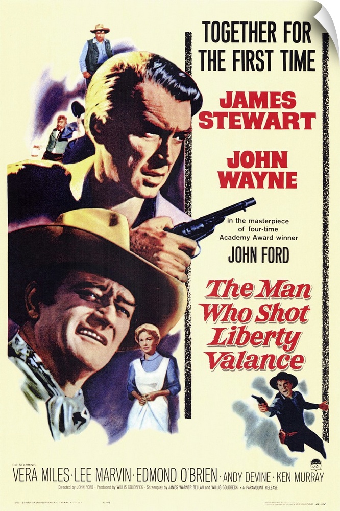 Tough cowboy Wayne and idealistic lawyer Stewart join forces against dreaded gunfighter Liberty Valance, played leatherly ...