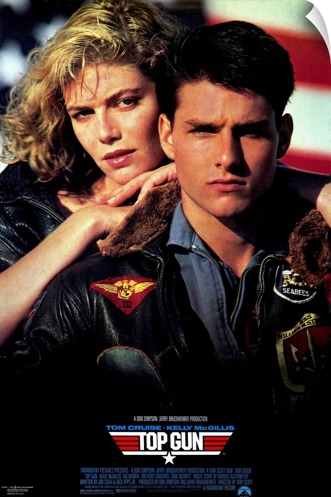 Movie poster for the hit film "Top Gun". Tom Cruise and his love interest are shown on the poster.
