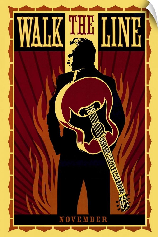 Retro art movie poster for "Walk The Line". It shows Johnny Cash from behind peering over his shoulder with his guitar swu...