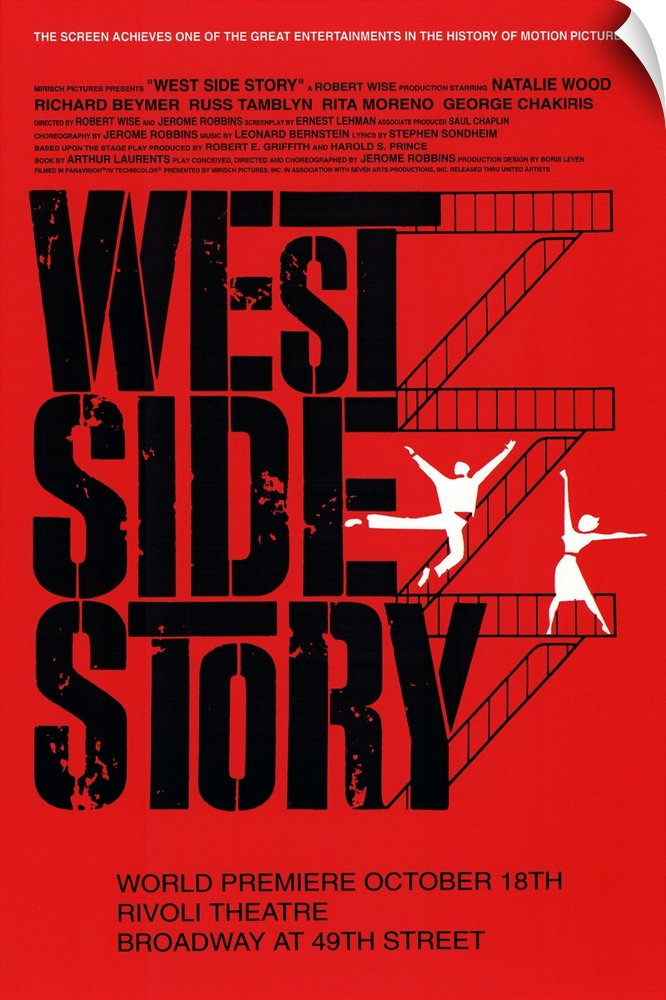 Broadway poster for the popular show "West Side Story". Flights of stairs go up the right side of the text with figures of...