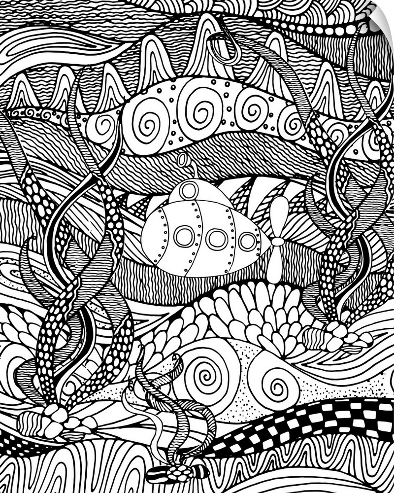 Contemporary line art of a submarine against a background of intricately pattered and decorated wave designs. Perfect for ...