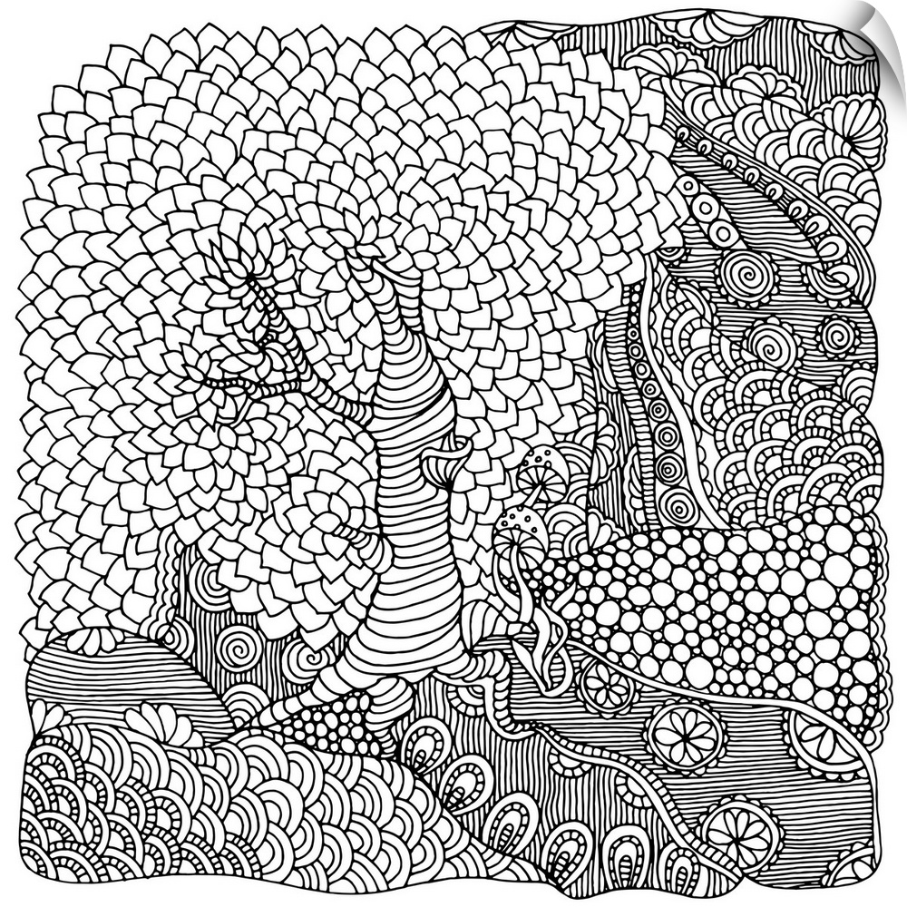 Contemporary line art of a willow tree surrounded by intricate and decorative nature designs. Perfect for Coloring Canvas.