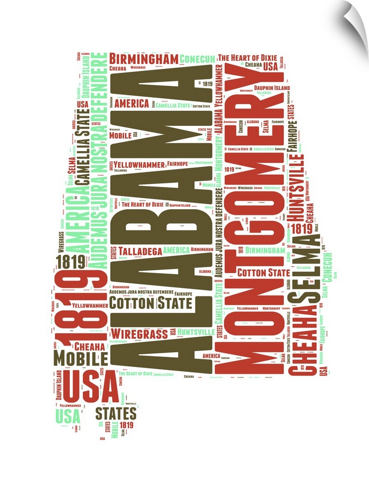 Typography art map of the US state Alabama.