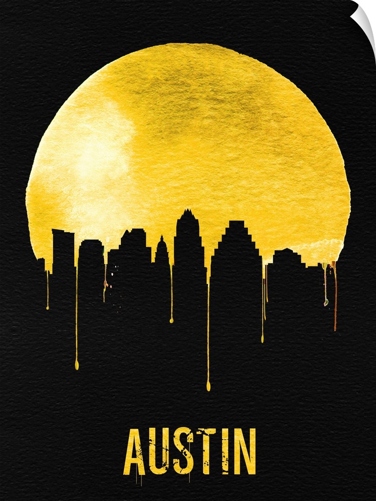 Contemporary watercolor artwork of the Austin city skyline, in silhouette.