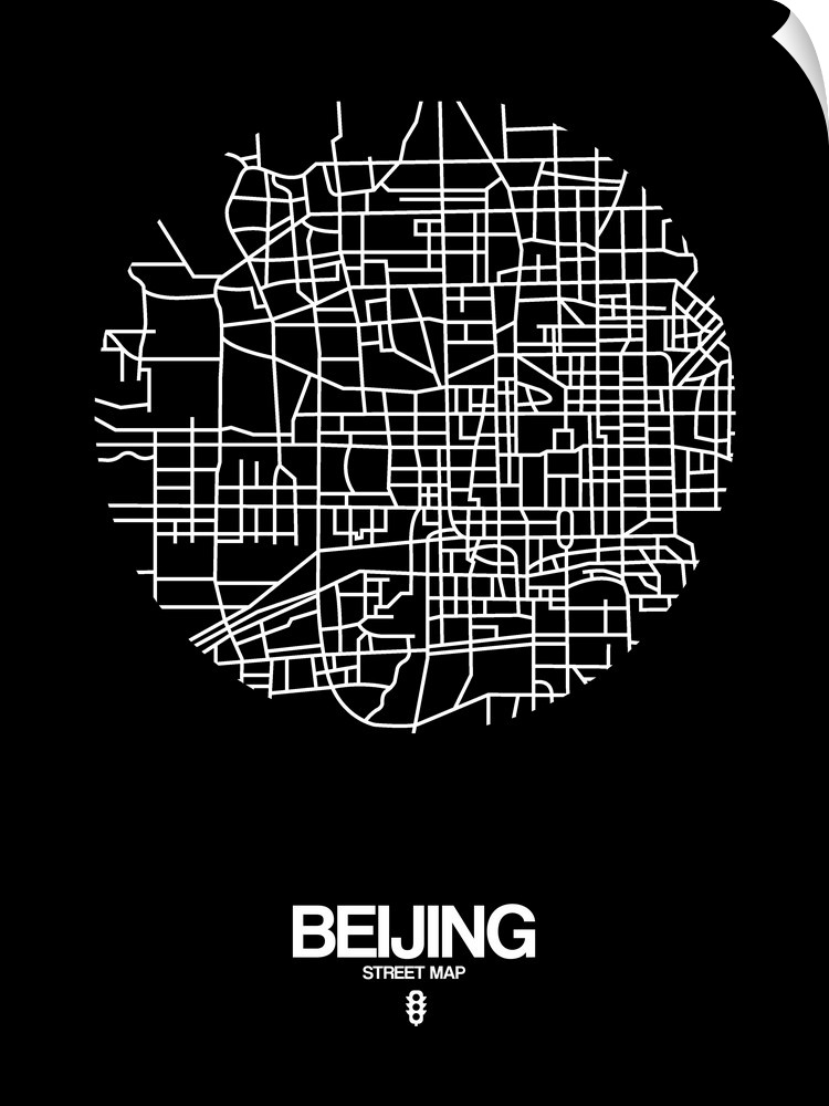 Minimalist art map of the city streets of Beijing black and white.