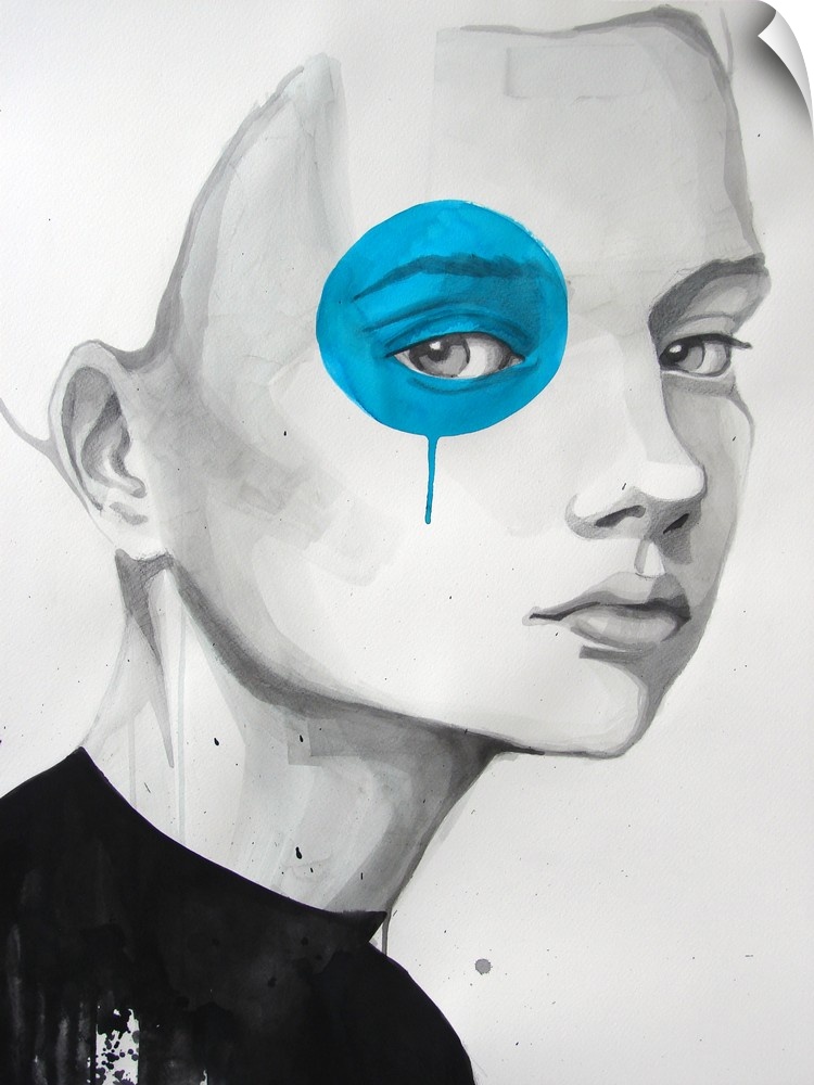 Contemporary watercolor portrait of a woman with blue paint dot painted over her eye.