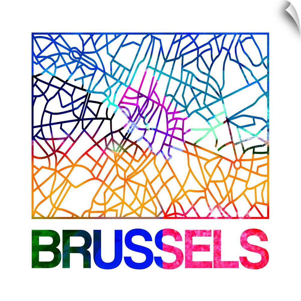 Colorful map of the streets of Brussels, Belgium.