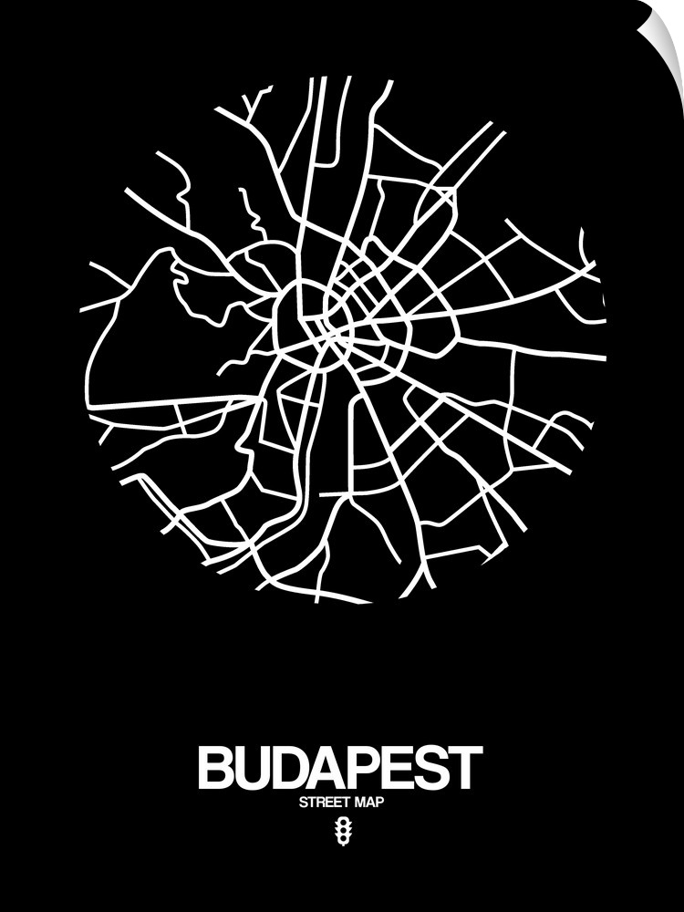 Minimalist art map of the city streets of Budapest in black and white.