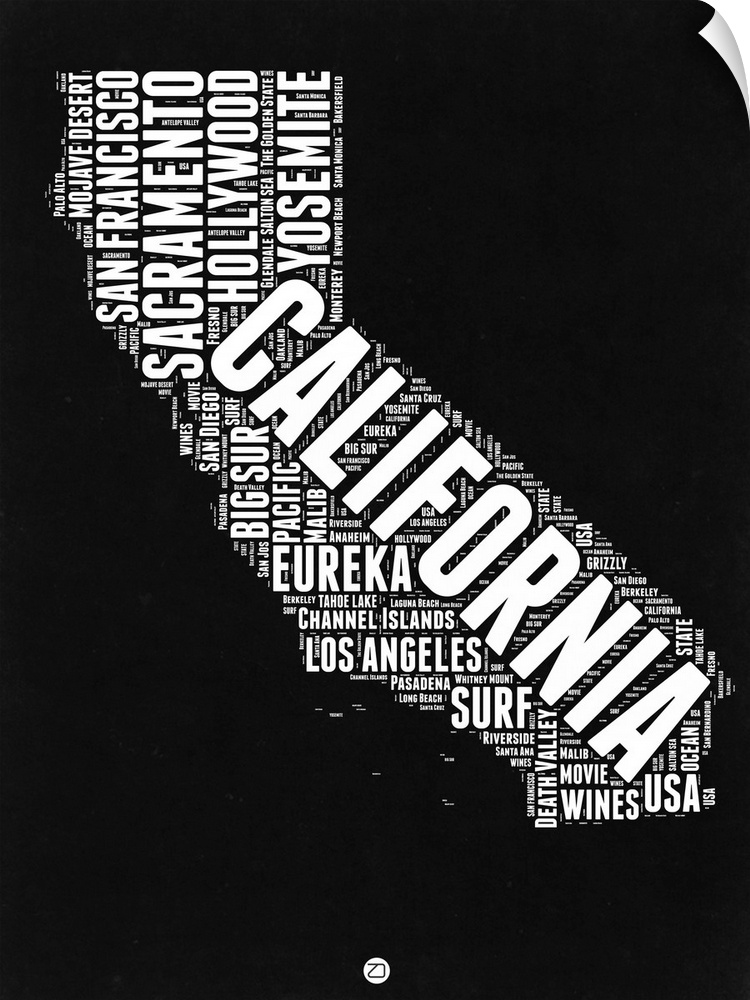 Typography art map of the US state California.