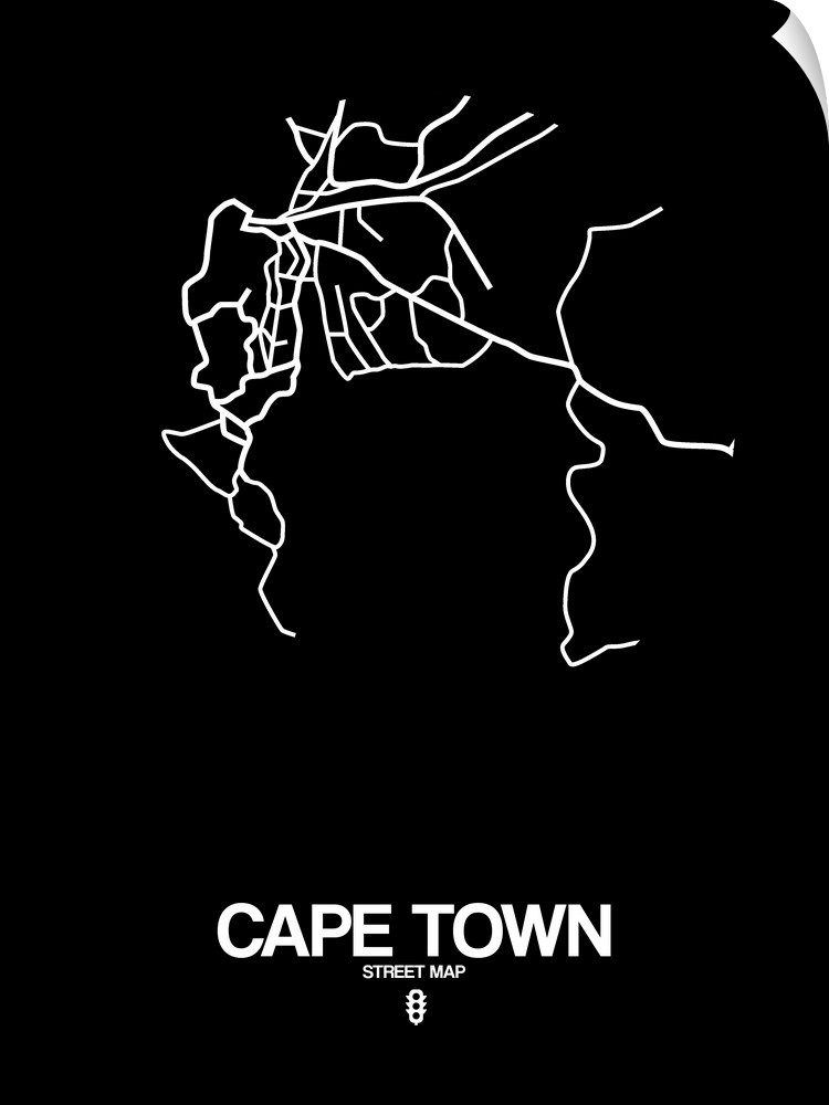 Minimalist art map of the city streets of Cape Town in black and white.
