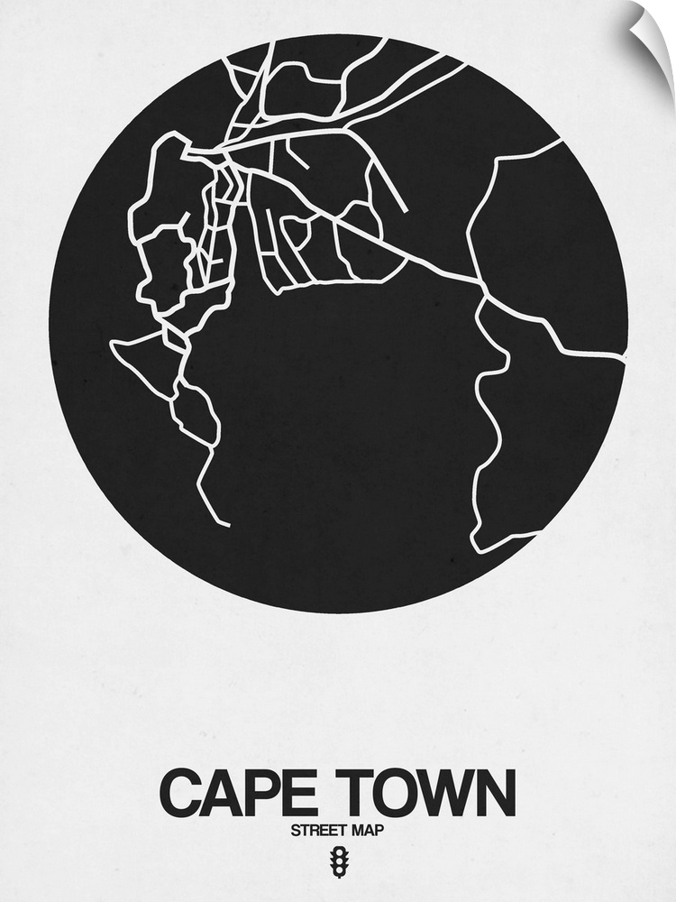 Minimalist art map of the city streets of Cape Town in white and black.