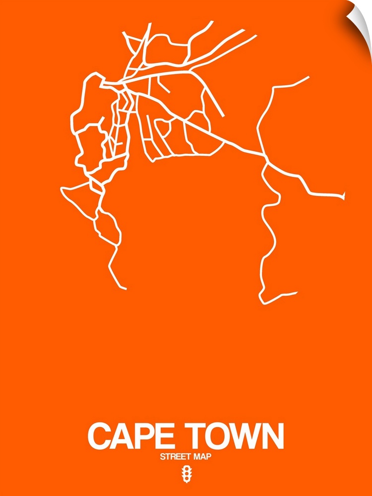 Minimalist art map of the city streets of Cape Town in orange and white.