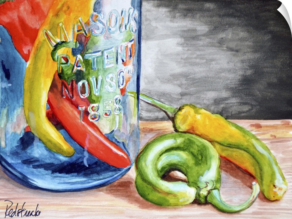 Contemporary painting of a glass jar containing chili peppers.