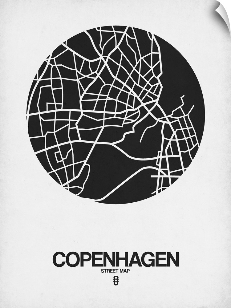 Minimalist art map of the city streets of Copenhagen in white and black.