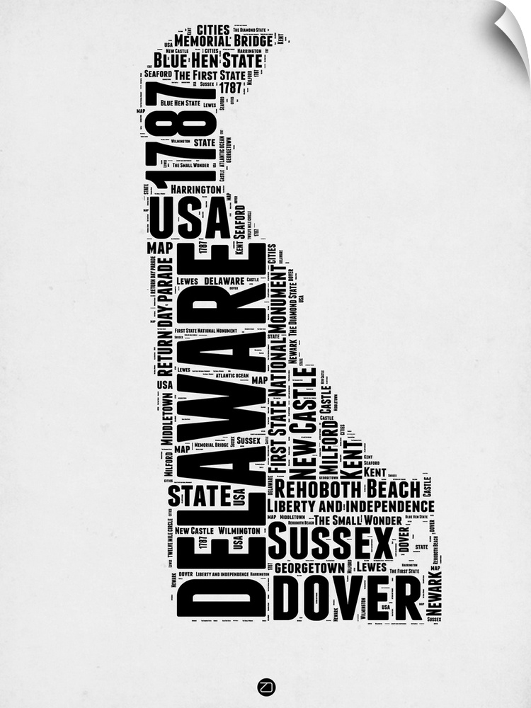 Black and white art map of the US state Delaware.