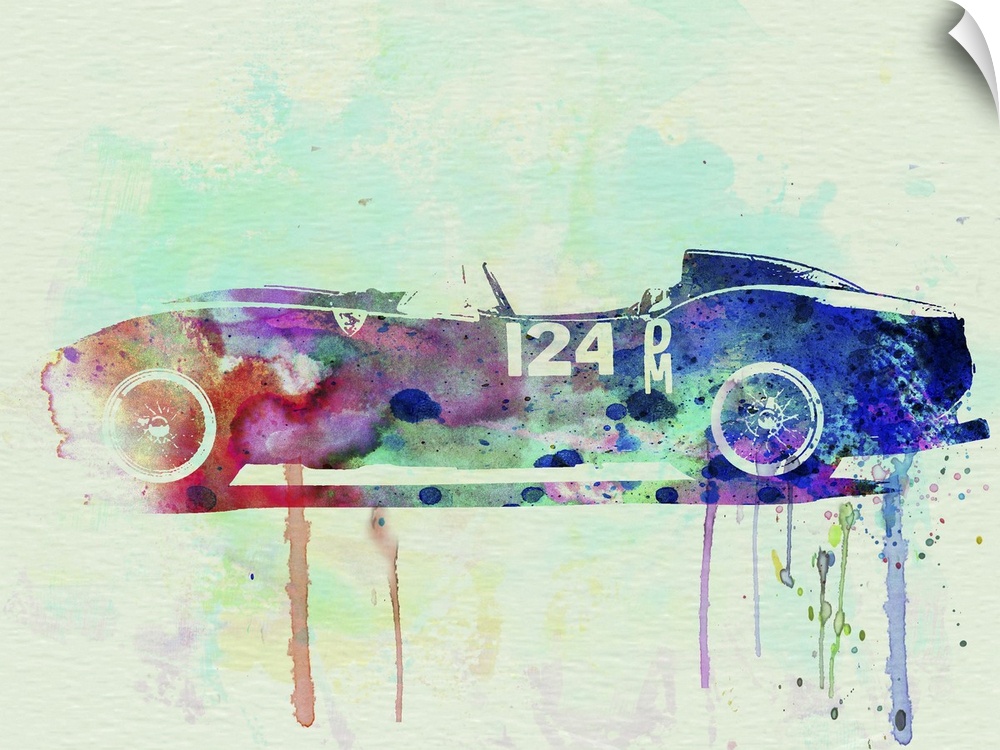 Watercolor painting of a vintage Ferrari racing car with paint splatters and drips coming from the car.