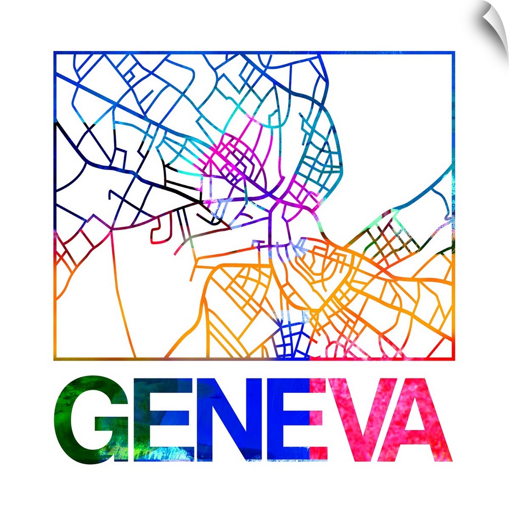 Colorful map of the streets of Geneva, Switzerland.