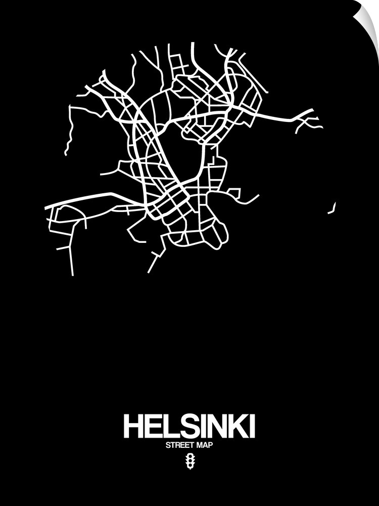 Minimalist art map of the city streets of Helsinki in black and white.