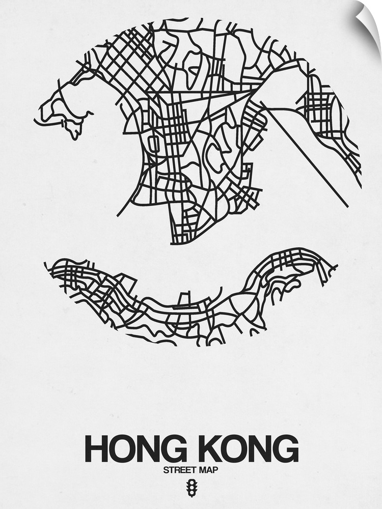 Minimalist art map of the city streets of Hong Kong in white and black.