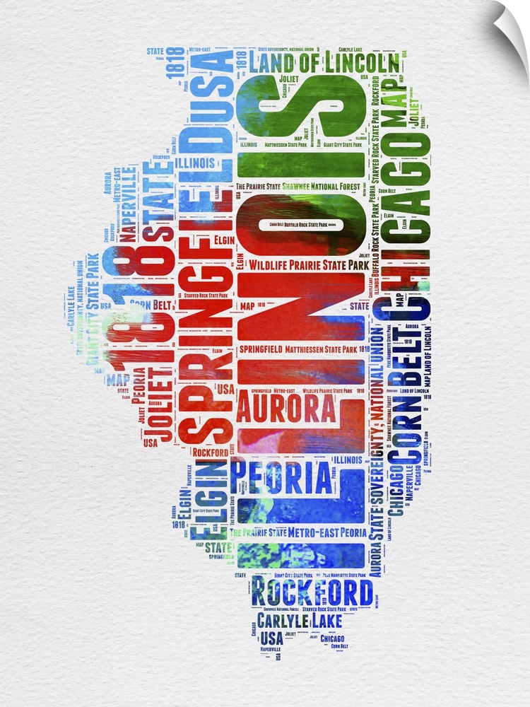 Watercolor typography art map of the US state Illinois.