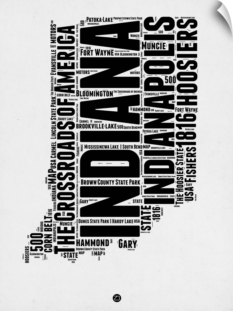Typography art map of the US state Indiana.