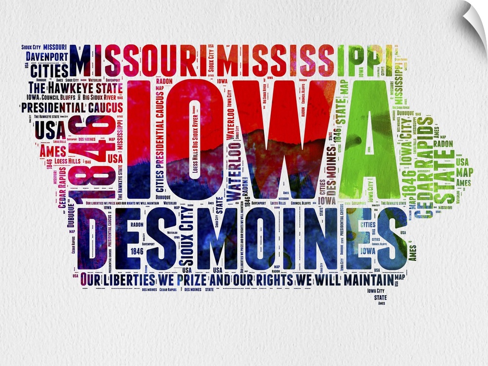 Watercolor typography art map of the US state Iowa.