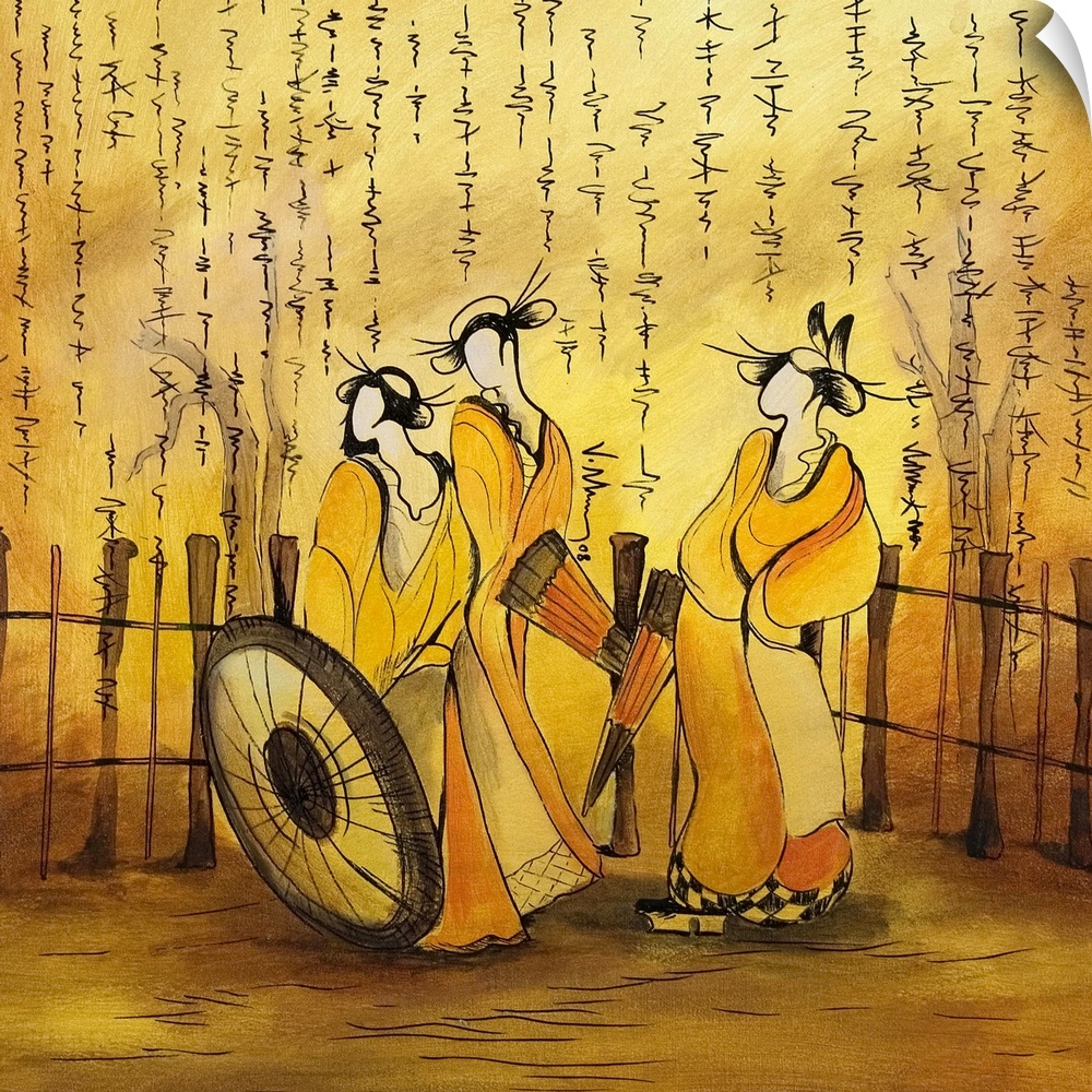Square photo on canvas of three stylized women drawn on canvas with Japanese writing at the top.