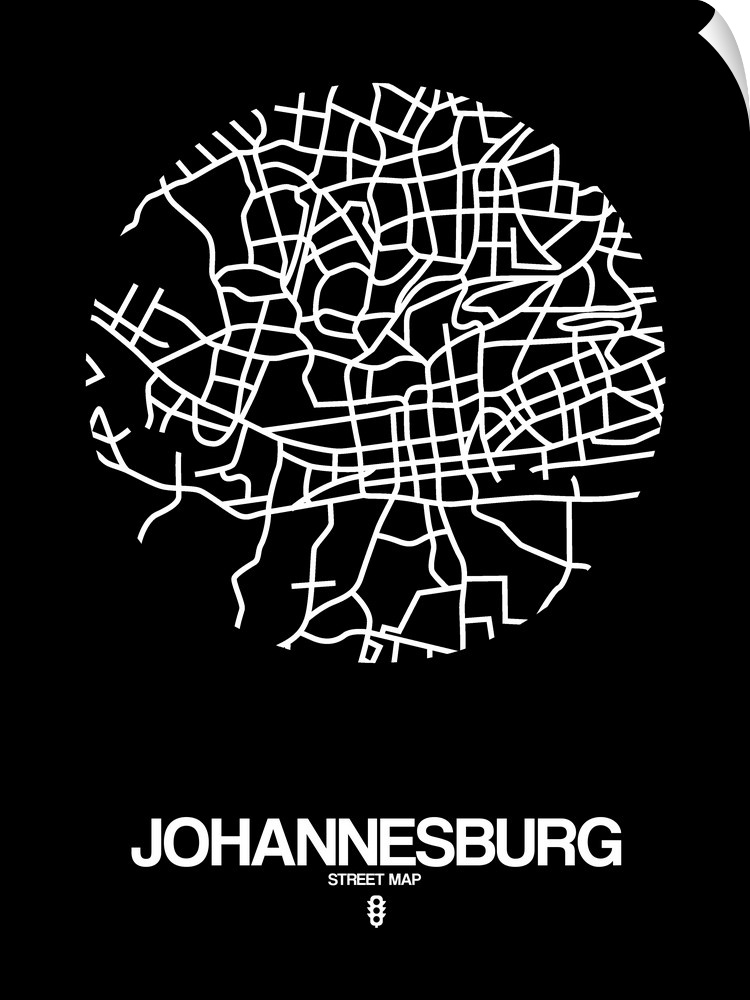 Minimalist art map of the city streets of Johannesburg in black and white.
