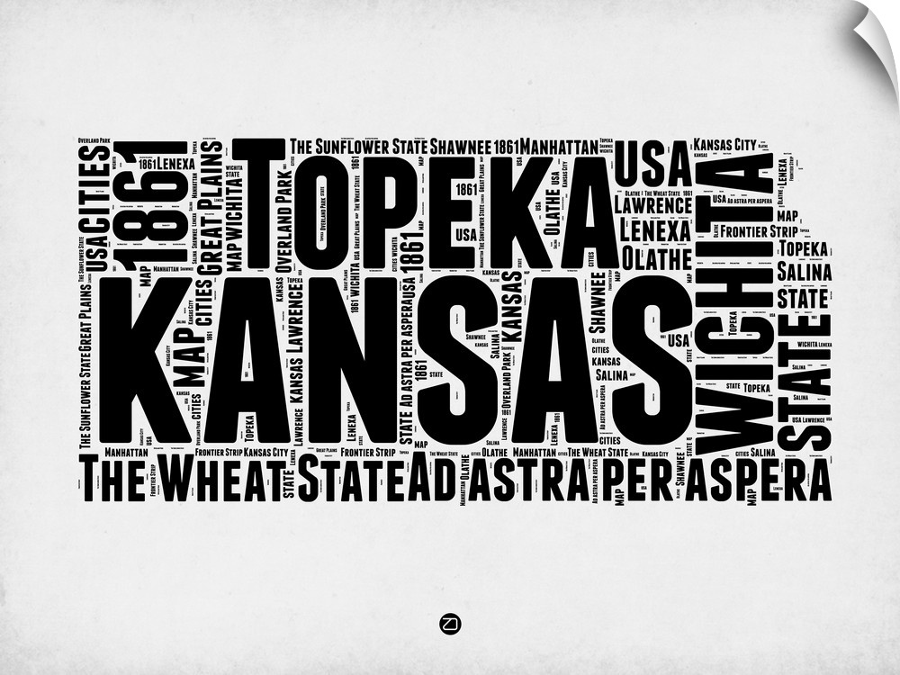 Typography art map of the US state Kansas.