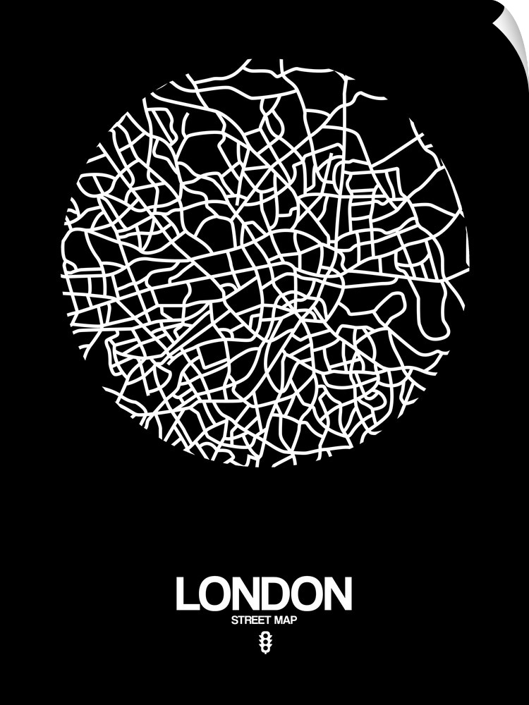 Minimalist art map of the city streets of London in black and white.