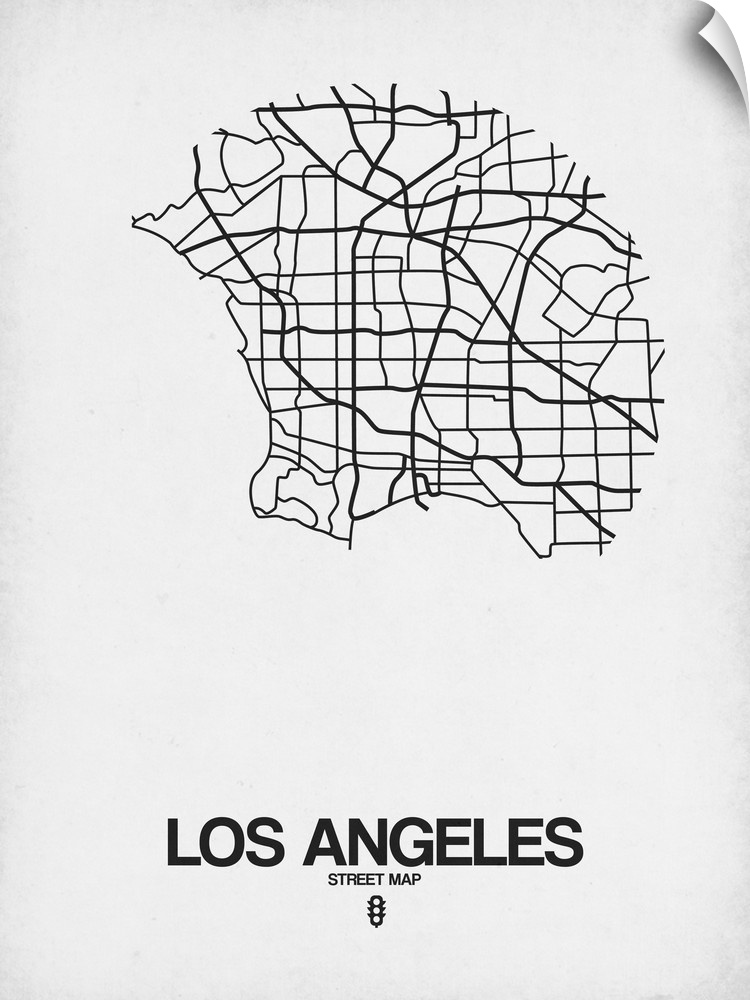 Minimalist art map of the city streets of Los Angeles in white and black.
