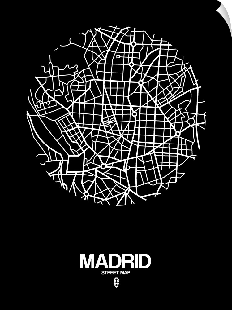 Minimalist art map of the city streets of Madrid in black and white.